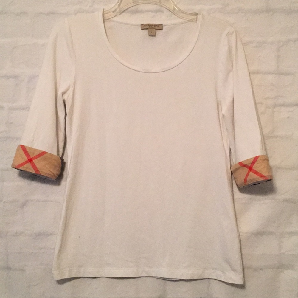 Burberry White Short Sleeve Tee with Tan and Red Accents